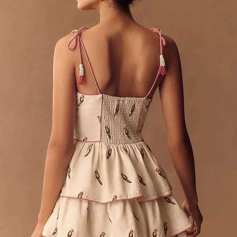 Farm Rio x Anthropologie Parrot Print Linen Tiered Mini Dress XL - Picture 2 of 15